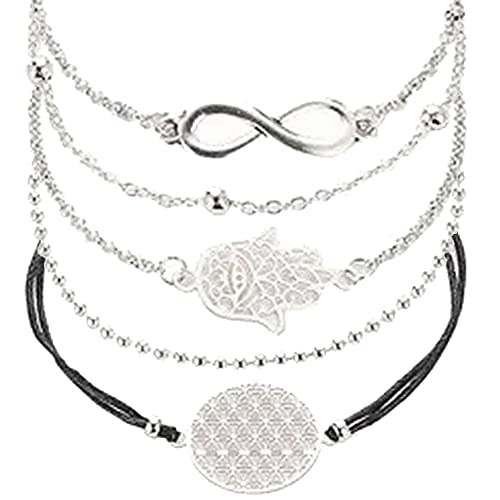 MOANATURA Juego de 5 Pulseras Finas para Mujer. Pulsera de Protección, Amistad y Amor, con Símbolos del Infinito, Mano de Fátima y Flor de la Vida. Conjunto de Bisutería Fina para Chicas Cover
