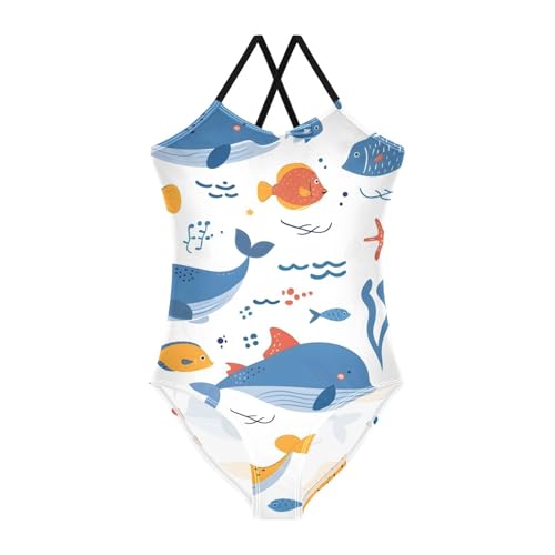 Bolaz Girls Swimsuits One-Piece Bathing Suits Multicolor Kids Sport Summer Beach Swimwear for 3-10 Years Old-Cartoon Sea Animals Seamless Fish Pattern for Wrapping Paperv