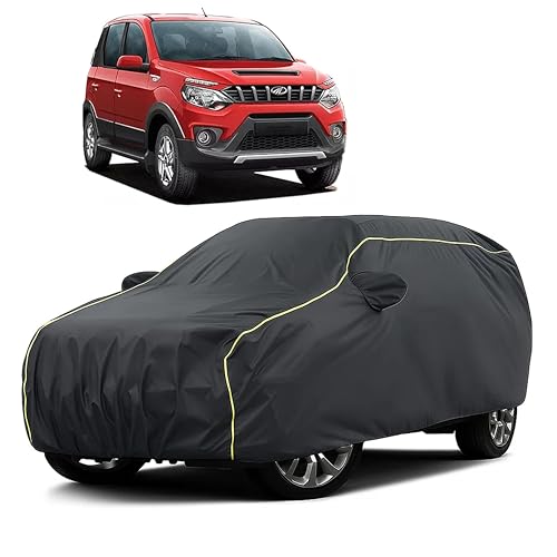 Image of Sulfar 100% Water Resistant Car Body Cover Compatible with Mirror for Mahindra Nuvosport (Triple Stitched, Full Bottom Elastic, Dark Grey Taffeta with Yellow Piping)