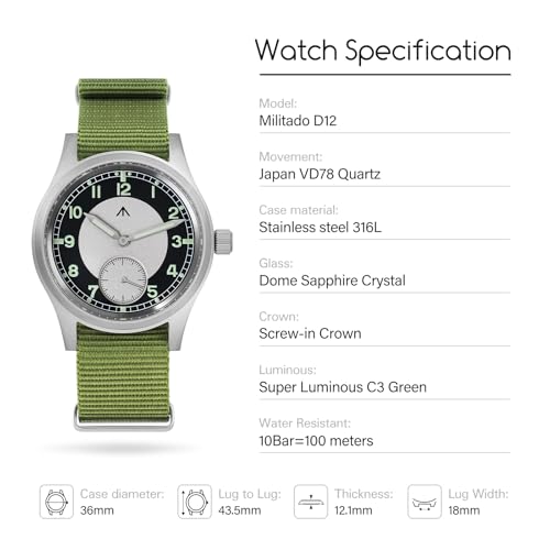 Image of TACTICAL FROG Militado D12 Military Mens Watch VD78 Quartz Sapphire Crystal C3 Super Luminous 36mm Dial Military-Style Dress Watches, 100M Waterproof