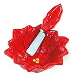 Boston International Ceramic Bowl and Stainless Steel Spreader, Red Poinsettia