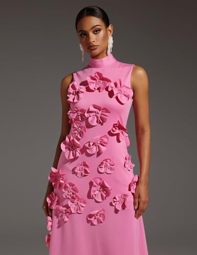 Pink 3D Flower Garden Party Dress Sleeveless Elegant Dress Maxi Bodycon Dress High Neck Pleated Dress for Women4