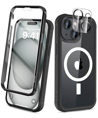 BANLEA Magnetic for iPhone 15 Case Built-in Screen Protector, Black