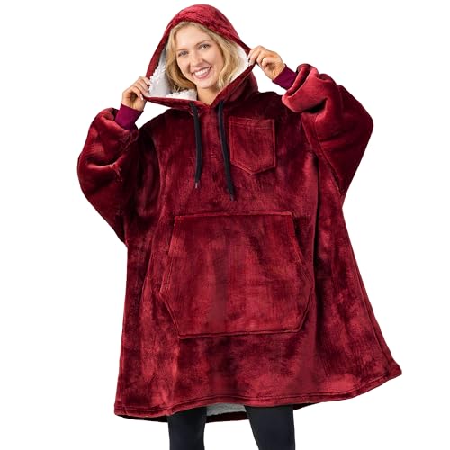 PAVILIA Blanket Hoodie for Women Burgundy Sherpa Wearable Blanket Men Cozy Oversized Sweatshirt Blanket Warm Fleece Hooded Blanket Sweater with Sleeves and Giant Pocket Wine Red