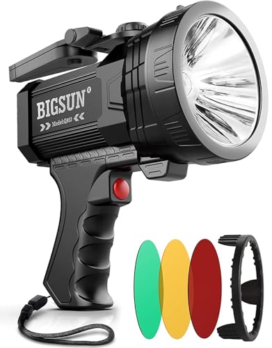 BIGSUN Q953 Rechargeable LED Spotlight High Lumens 1600000 Flashlight with 10000mAh Battery & COB Floodlight Outdoor Search Light for Camping Hunting 3Color Lens