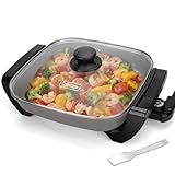 FineMade 12-inch Family Size Electric Skillet with Lid, Ceramic Skillet Electric, Square Skillet, Non Stick Electric Skillet Griddle Pan, PFAS-Free Temperature Control, 1500W, 6 QT, Gray