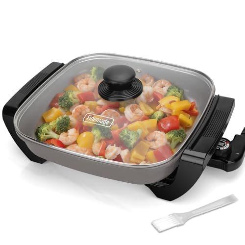 FineMade 12-inch Family Size Electric Skillet with Lid, Ceramic Skillet Electric, Square Skillet, Non Stick Electric Skillet Griddle Pan, PFAS-Free Temperature Control, 1500W, 6 QT, Gray