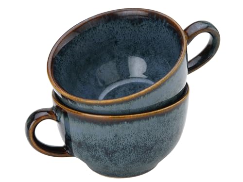 Image of Bodhi House Ceramic Soup and Coffee Wide Large Mug with Handle - Set of 2, 350 Ml Glossy Finish | Microwave Safe | for Maggi, Cappuccino, Latte, Green Tea - Reactive Blue