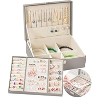 Granbest Portable Jewellery Box with Removable Tray, Exquisite Leather Jewellery Organiser with 2 Layers, Jewellery Storage Case for Necklace, Earrings, Rings, Bracelets (Grey)