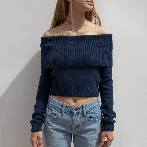 Image of Women Off Shoulder Long Sleeve Sweater Y2K Ribbed Knit Pullover Solid Crop Top Going Out Boat Neck Blouse