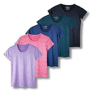 Real Essentials 5 Pack: Women’s Dry Fit Tech Stretch Short-Sleeve Crew Neck Athletic T-Shirt (Available in Plus Size)