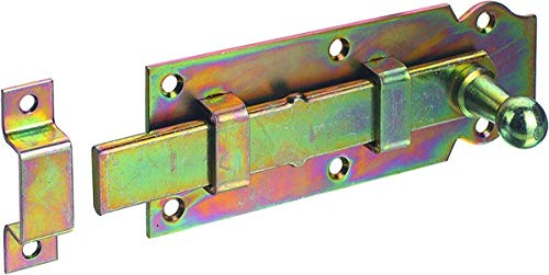 Alberts 840587 - Cerrojo para puerta (recto, con tirador de botón y trabilla fijada, galvanizado en amarillo, placa de 120 x 44 mm, juego de 10 unidades)