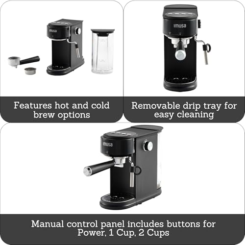 Image of IMUSA - 20 Bar Espresso Machine with Milk Frother, Compact Coffee Machine 1 to 2 Cups, Thermoblock Coffee Machine, Fast Heating Thermoblock Coffee Machine, Hot Coffee & Ice Cream, Coffee Maker
