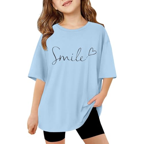 Oversized Tshirts for Girls Letter Print Graphic Tees Drop Shoulder Short Sleeve T Shirts Summer Casual Loose Tops 3-14 Years Light Blue