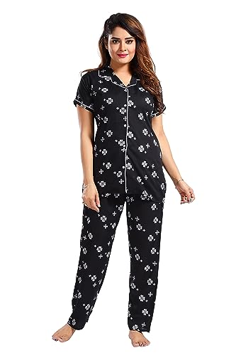 Image of Women's Cotton Heart Printed Night Suit Set of Shirt and Pyjama