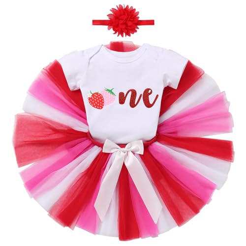 Strawberry Outfit Baby Girl: Newborn Toddler Baby Girls My 1st Birthday Dress Infant Shiny Strawberry Sequin Bowknot Tutu Tulle Princess Cake Smash Outfit for Photo Shoot Strawberry & Pink 1T