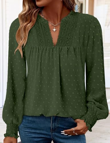 BETTE BOUTIK Women Boho Long Sleeve Shirts Dressy Casual V Neck Fall Fashion Tops Swiss Dot Flowy Blouses