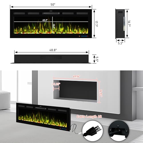 Kentsky 50" Electric Fireplace Inserts, Recessed and Wall Mounted Fireplace Heater W/Adjustable Flame Color & Brightness, Thermostat, 9H Timer, App and Remote Control, 750/1500W by Kentsky - Image 6