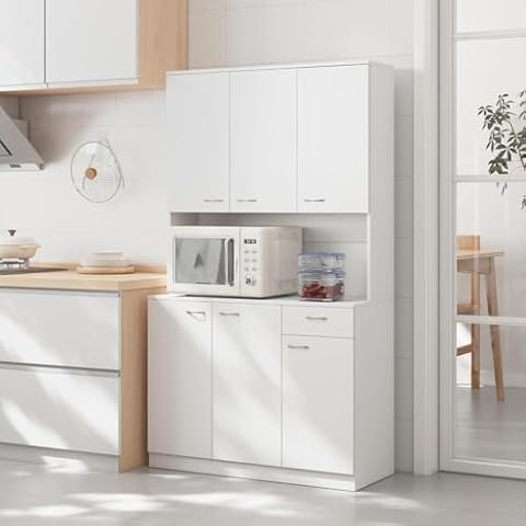 DMAITH 71" Tall Kitchen Pantry Cabinet, Modern Kitchen Hutch Bar Cabinet with Microwave Stand, Wood Buffet Sideboard with 6 Doors and 3 Adjustable Shelves for Dining Room, White Cover
