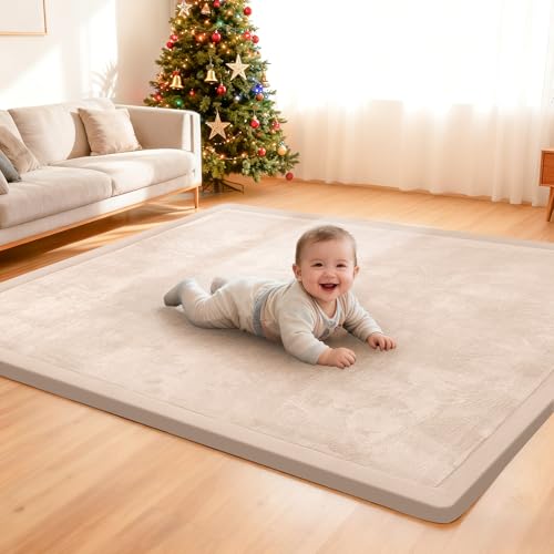 ACOMOPACK Baby Play Mat 3.5CM Thick Memory Foam Crawling Mat Coral Velvet Activity Rug for Tummy Time Non-Slip Nursery Floor Mat for Toddlers Infants Kids (127×127cm Beige)