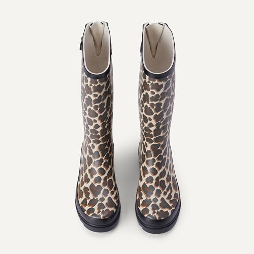 Amazon Essentials Women's Waterproof Tall Rain Boot with Adjustable Buckle, Leopard, 8 - 4