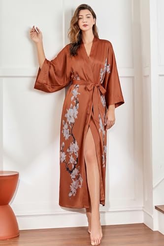 Image of BABEYOND Kimono Robe Cover up with Box Long Floral Satin Sleepwear Silky Bathrobe Bachelorette Robe