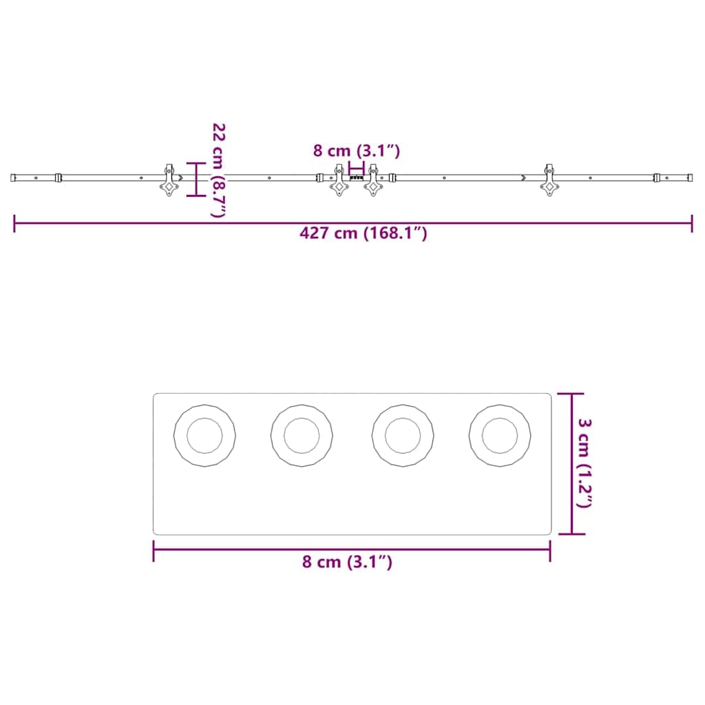 Juego de herrajes para puerta corredera de acero con recubrimiento en polvo de 427 cm de longitud con tope y ruedas para puertas de granero, soporta hasta 100 kg, adecuado para puerta de casa