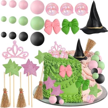 25 Pcs Wick Cake Topper Wick Cake Decorations Glitter Pink Green Ball Cake Toppers with Princess Crown Witch Hat Broom Witch Party Decorations for Birthday Party Cake Decorating Supplies