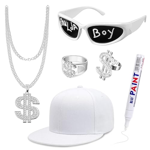 Goenb Solja Boy Hip Hop Costume Kit Rapper Costume Accessories 80s 90s 2000s Hip Hop Costume Accessories for Men Women Adult (White)