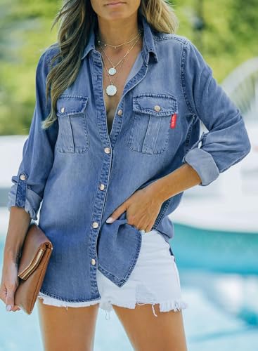 Sidefeel Women's Denim Top Long Sleeve Jean Shirt Button Down Denim Shirt2
