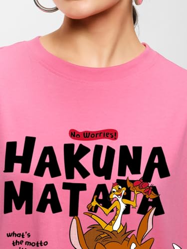 Image of Bewakoof X Disney Hakuna Matata Women's Cotton Graphic Print Oversized Fit Half Sleeve Round Neck T-Shirt | Casual wear | Streetwear | Oversized Tshirt for Woman Cotton| Baggy