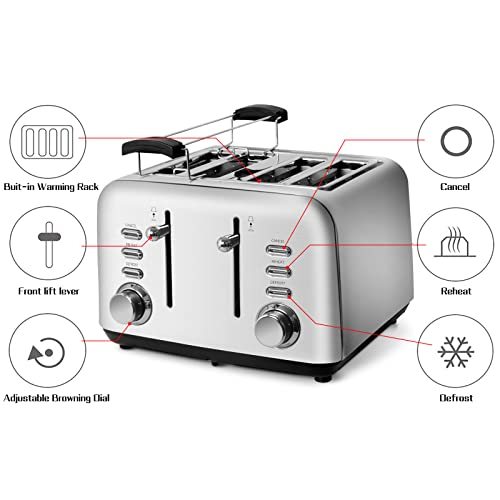 Ozavo 4-Scheiben-Toaster mit Brötchenaufsatz und Edelstahlgehäuse