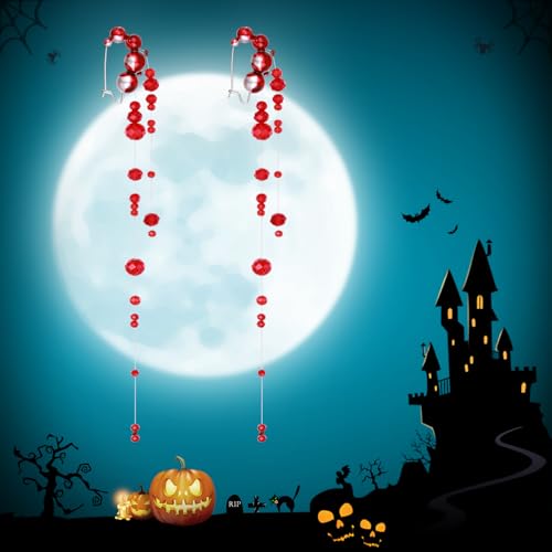 EVER FAITH Halloween Jewelry Dripping Blood Imitation Pearls Earrings for Women, Gothic Faux Pearl Costume Cosplay Accessories Dangle Long Earring for Vampire Party4