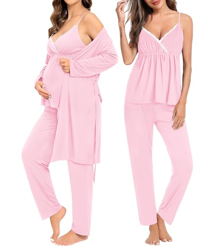 Image of SWOMOG Maternity Nursing Robe Set 3 Piece Breastfeeding Pajamas 3 in 1 Labor Delivery Sleevless Tops&Long Pants Pregnancy Pjs