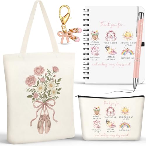Kosiz 5 Pcs Dance Teacher Gifts for Women Cosmetic Bag Canvas Bag Coil Notebook Ballpoint Pen and Keychain Inspirational Gift for Office School Graduation Teacher Coworker Christmas(B)