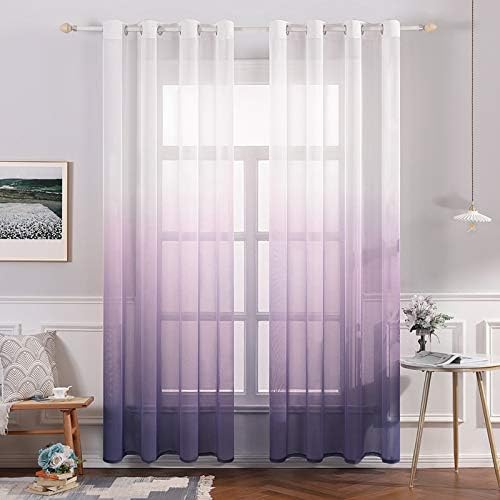 MIULEE Sheer Zasłona z woalu, okienna, dekoracyjna, na przelotkach, do salonu, przezroczysta, cieniowana, 245 x 140 cm (wys. x szer.), fioletowa, 2 sztuki w zestawie