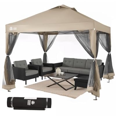 CROWN SHADES Gazebo 10x10 Pop Up Canopy with Mosquito Netting, Screen Tent with 4 Ropes, 8 Stakes, 4 Sandbags and Wheeled Storage Bag, Canopy for Patio & Backyard, Beige