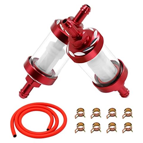 2PCS 5/16 inch Inline Fuel Filters & Fuel Line Hose with 8PCS Hose Clamps Universal Billet Aluminum Metal Glass Fuel Filter Inlet/Outlet Fuel Filter Clear View Fuel Pump Filter (Red) Cover