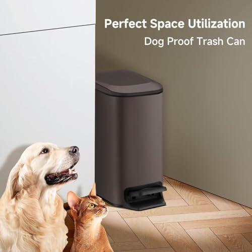 Image of TIPGO Small Bathroom Trash Can with Lid, 1.6 Gal, Soft Close, Brown | Foot Pedal, Soft Quiet Lid, 5.9'' Slim for Narrow Space, Stainless Steel, Anti-fingerprint, Removable Inner Bucket, Odor Seal