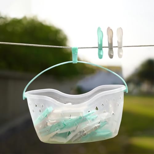 Flatro 36 Pegs for Washing Line with Hanging Basket | Heavy Duty Clothes Pegs Basket with Drainage Holes | Plastic Washing Pegs Basket for Rotary Line with a Hook on the Handle - Image 6