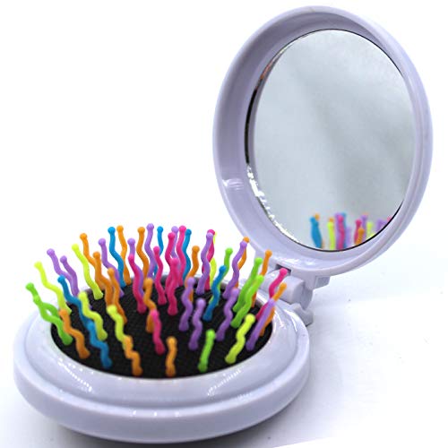 Folding Travel Hair Brush with Mirror Portable Wet Magic Mini Pop Up Hair brush Pocket Comb Gifts For Women (White)