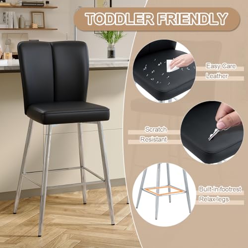 Image of Counter Height Bar Stools Set of 2,27''Kitchen Island Stools with Back,Black Barstools with Sturdy Metal Legs,Modern Bar Stools Ideal for Kitchen Island Pub Cafe(Faux Leather-Black)
