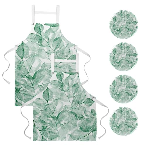 Lot de 2 tabliers de cuisine à motif feuilles vertes avec 4 broches