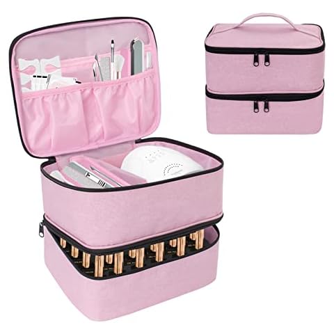 DSVENROLY Nail Polish Organizer and Nail Lamp Case, 2-Layer Nail Polish Storage Case Bag Holds 30 Bottles (15ml), Portable Nail Polish Holder with Adjustable Dividers for Manicure Set (Pink) Cover