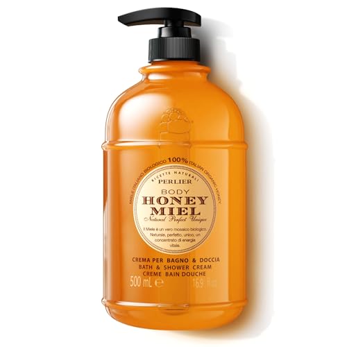 Perlier Sweet Honey Miel Shower & Bath Cream - Nourishing & Soothing Luxury Bath Cream Made With 100% Organic Italian Honey For Deep Moisturization And Hydration (16.9 Fluid Oz.)