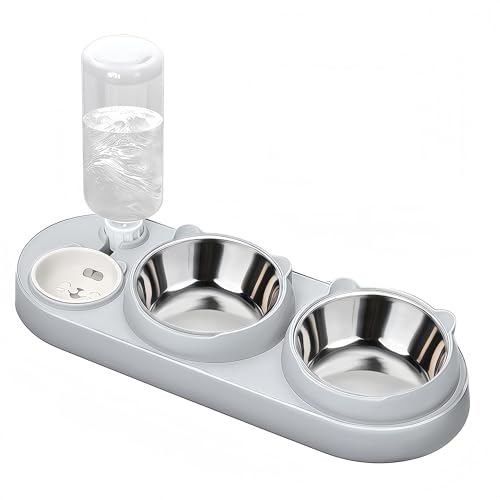 Marchul 3 in 1 Cat Bowl, Cat Food and Water Bowl Set with Water Dispenser and Stainless Steel Bowls, 15° Tilted Pet Raised Three Bowls for Indoor Cats, Small or Medium Sized Dogs (Grey)