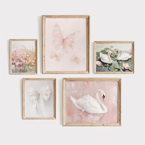 Image of Coquette Pink Wall Art Decor Swan Posters Bow Flower Canvas Wall Art Preppy Cute Pictures Trendy Butterfly Posters Coquette Aesthetic Prints for Girl Dorm Room Bedroom 8x10x5 Inch Unframed