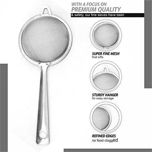 Fine Mesh Kitchen Sieve Strainer Hooked End Filter Infuser Colander Drainer Metal Sieve Stainless Steel Non Slip Handle Green and Black Tea Coffee Sieve for Flour Pasta Spaghetti Silver Color (1pc)