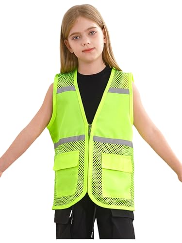 TiaoBug Chaleco De Seguridad Reflectante Alta Visibilidad Para Niños Disfraz De Actividades De Emergencia Chaleco Reflectante Para Tráfico Voluntario verde fluorescente 5-6 años