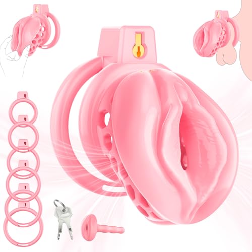 QRRQ Chastity Cage Männer mit 6 Penisringen, Weiches und Bequemes TPE Keuschheitskäfig Herren, Penis Käfig für SM Fetisch, Sexspielzeug Fesselspiele (Rosa, klein)